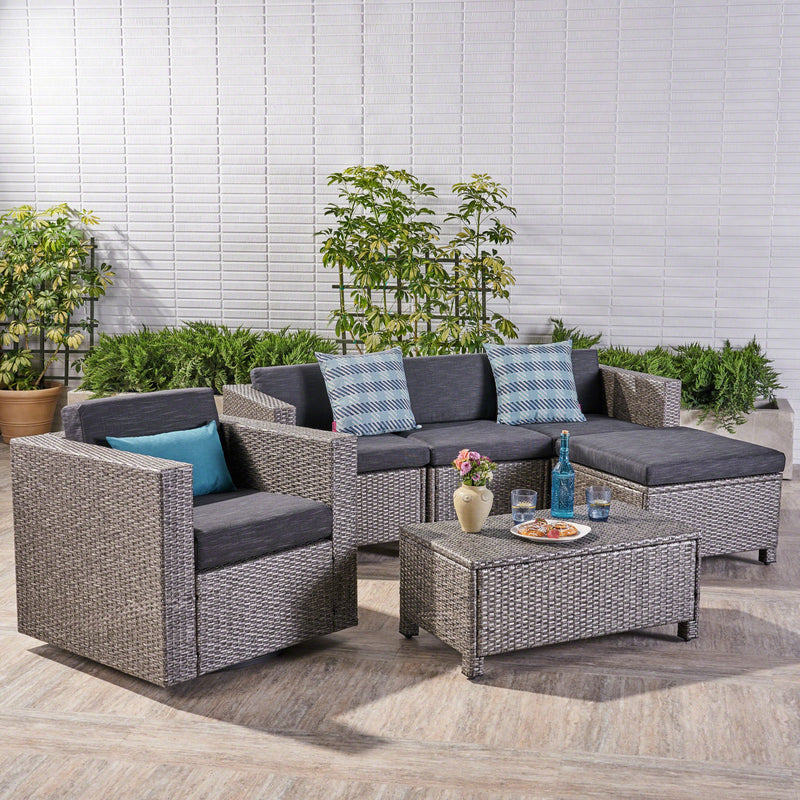 Outdoor 4 Seater Wicker L-Shaped Sectional Sofa Set with Cushions, Mixed Black with Dark Grey Cushions - NH337403