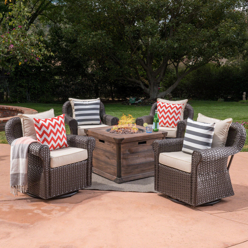 Outdoor 5 Piece Wicker Swivel Club Chair with Aluminum Frame and Fire Pit Set, Dark Brown with Beige and Brown - NH253403