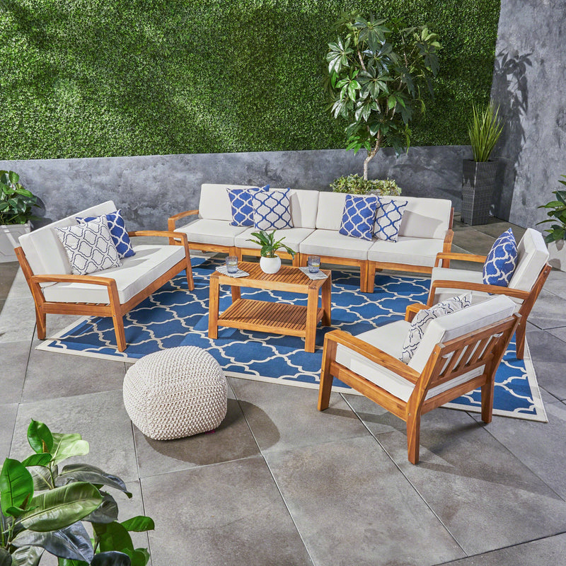Outdoor Acacia Wood 8 Seater Sectional Chat Set with Coffee Table - NH155603