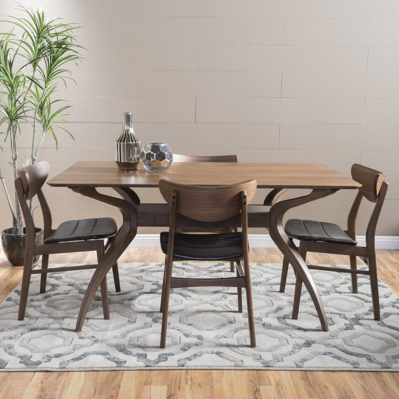Dark Brown Leather Wood Finish Curved Leg Rectangular 5 Piece Dining Set - NH813992