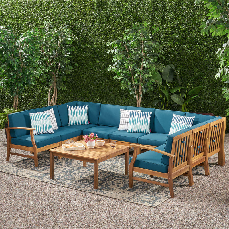 Outdoor 9 Seater Acacia Wood Sectional Sofa Set with Cushions - NH757403