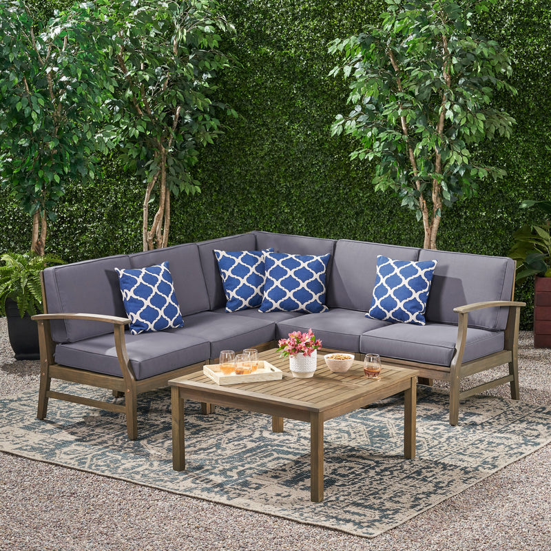 Outdoor 6 Piece Acacia Wood Sectional Sofa and Coffee Table Set - NH423803