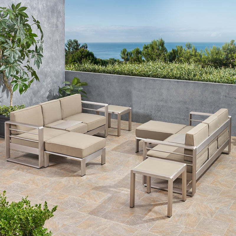 Outdoor 6 Seater Aluminum Sofa and Ottoman Set with Side Tables - NH685903