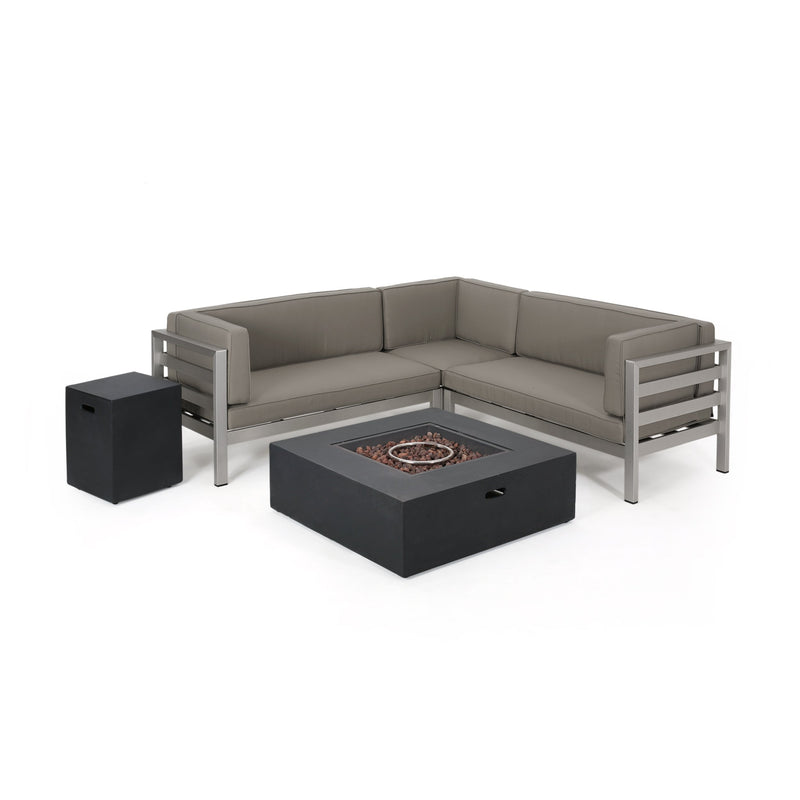 Outdoor Modern 5 Seater V-Shaped Sectional Sofa Set with Fire Pit and Tank Holder - NH007113