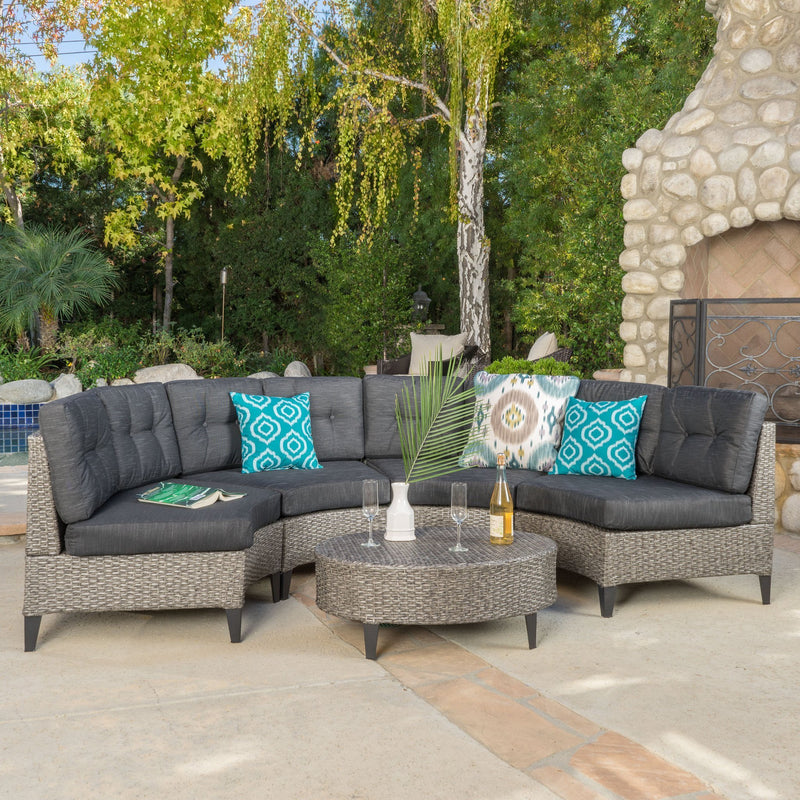 Outdoor 5 Piece Mixed Black Wicker Sofa Set with Dark Grey Water Resistant Fabric Cushions - NH416992