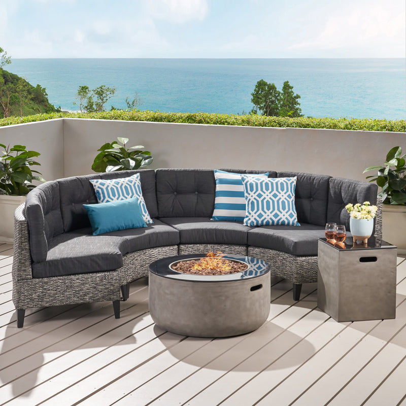 Outdoor Round 4 Seater Wicker Sectional Set with Fire Pit and Tank Holder - NH864113