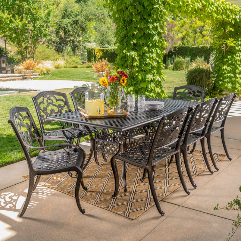Outdoor 9 Piece Patina Copper Finish Cast Aluminum Dining Set - NH676003