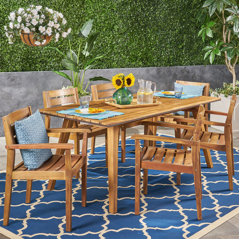 Outdoor 7 Piece Acacia Wood Dining Set, Teak and Dark Brown - NH552603