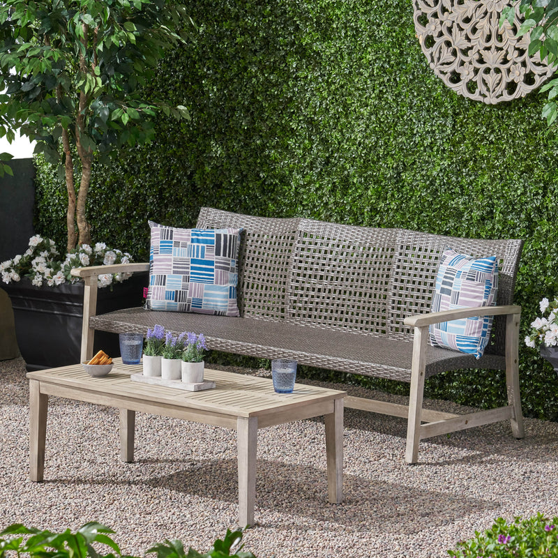 Outdoor Wood and Wicker Sofa and Coffee Table Set - NH241803