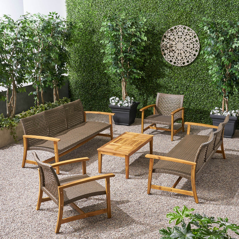 Outdoor 5 Piece Wood and Wicker Sofa Chat Set - NH091803