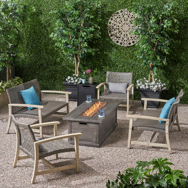 Outdoor 6 Piece Wood and Wicker Chat Set with Fire Pit - NH971803