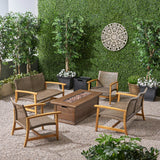 Outdoor 6 Piece Wood and Wicker Chat Set with Fire Pit - NH971803
