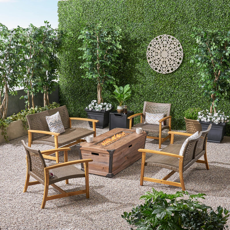 Outdoor 4 Piece Wood and Wicker Chat Set with Fire Pit - NH218703