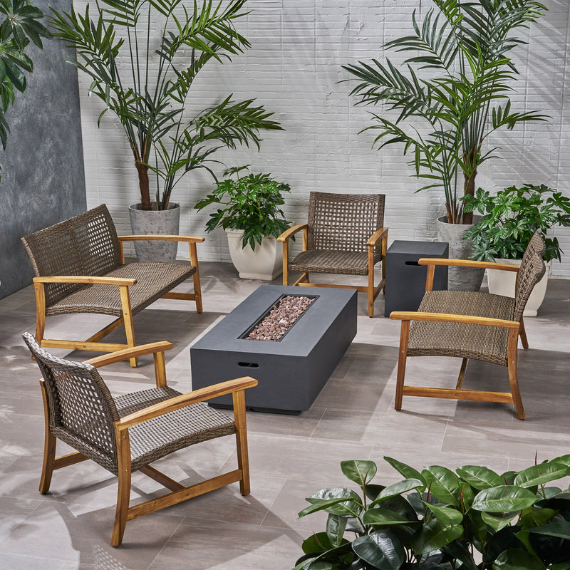 Outdoor 6 Piece Wood and Wicker Chat Set with Fire Pit - NH581803