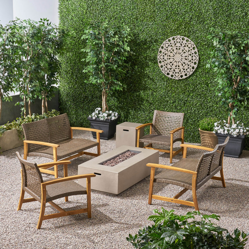 Outdoor 6 Seater Wood and Wicker Chat Set with Fire Pit - NH281803