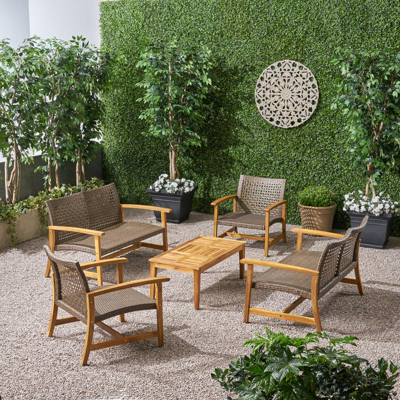 Outdoor 5 Piece Wood and Wicker Loveseat Chat Set - NH071803