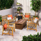 Outdoor 6 Piece Wood and Wicker Chat Set with Fire Pit - NH971803