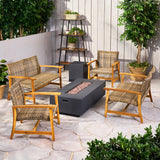 Outdoor 6 Seater Wood and Wicker Chat Set with Fire Pit - NH281803