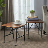 Rustic Industrial Acacia Wood End Table with Metal Frame, Teak and Black - NH617103