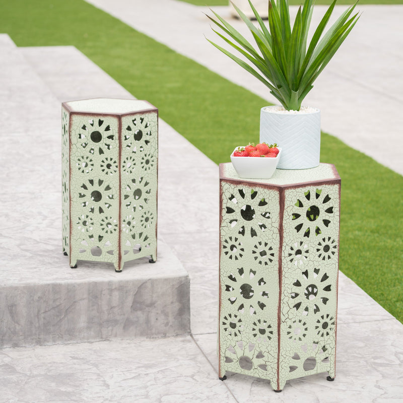 Outdoor 12 Inch and 14 Inch Crackle Green Sunburst Iron Side Table Set - NH069103