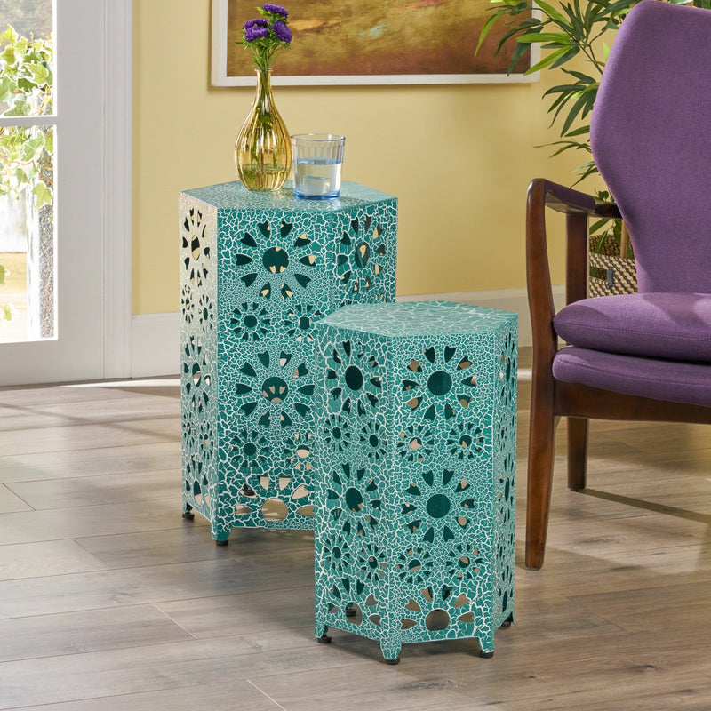 12 Inch and 14 Inch Crackle Finish Sunburst Iron Side Table Set - NH739203