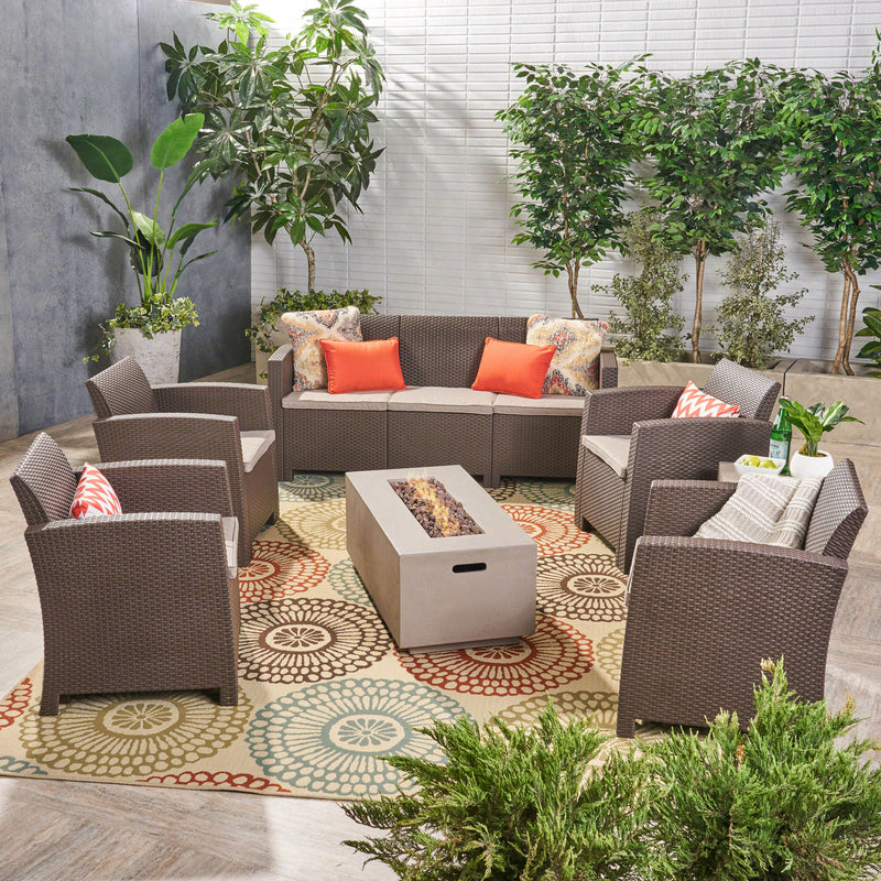 Outdoor 7-Seater Wicker Print Chat Set with Fire Pit and Tank Holder - NH223603