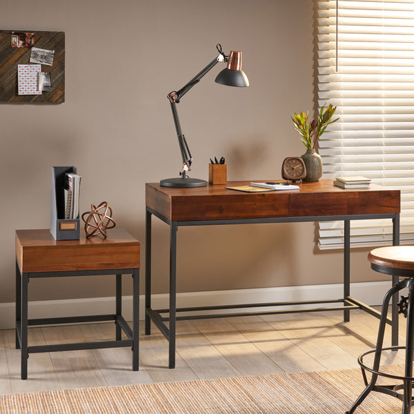 Industrial Dark Oak Acacia Wood Storage Side Table and Desk Set - NH851203