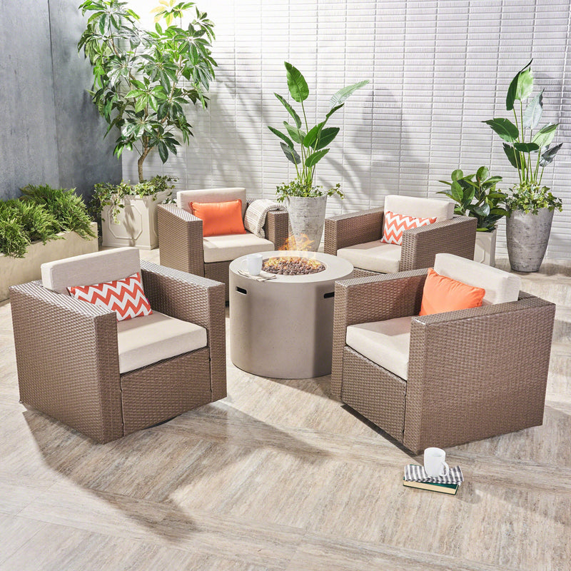 Outdoor 4 Piece Swivel Club Chair Set with Round Fire Pit - NH292503