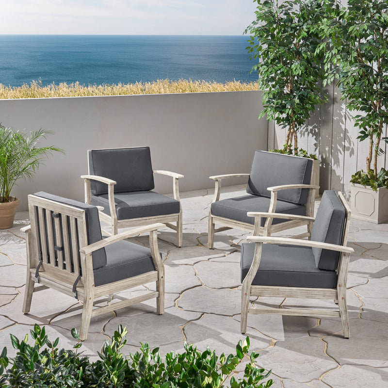 Outdoor Acacia Wood Club Chairs with Cushions (Set of 4), Light Gray and Dark Gray - NH903803