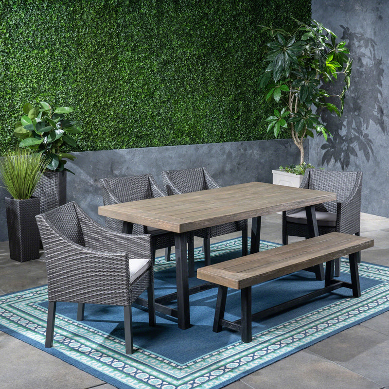 Outdoor 6 Piece Dining Set with Wicker Chairs and Bench - NH642603