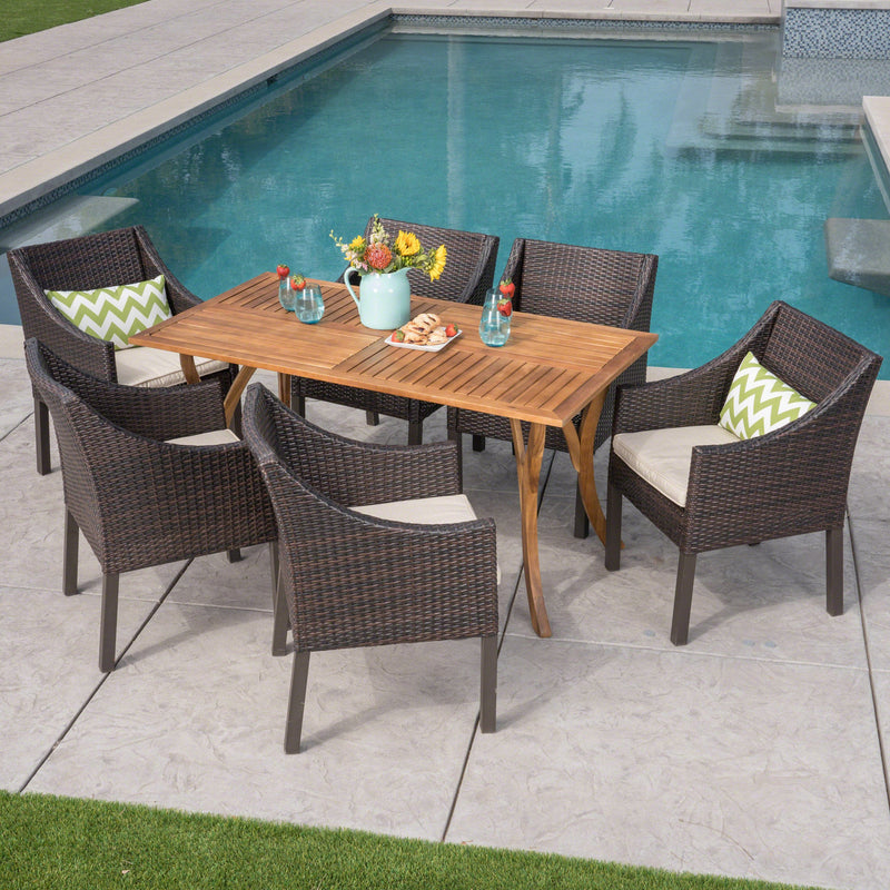 Outdoor 7 Piece Acacia Wood/ Wicker Dining Set with Cushions, Teak Finish and Multibrown with Beige - NH692403