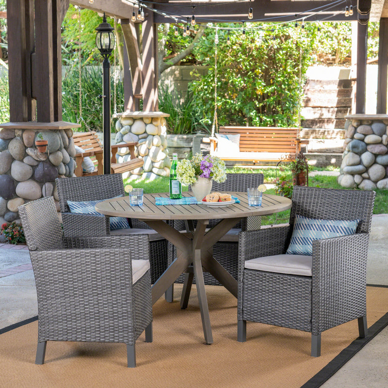 Outdoor 5 Piece Wood and Wicker Dining Set, Gray and Gray - NH501503