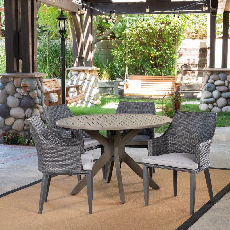 Outdoor 5 Piece Wood and Wicker Dining Set, Gray and Gray - NH601503