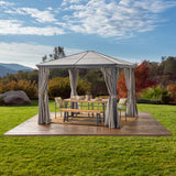 Outdoor 10 x 10 Foot Rust Proof Aluminum Framed Hardtop Gazebo with Curtains - NH873303