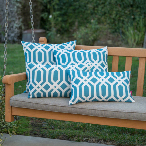 Outdoor Dark Teal Arabesque Patterned Water Resistant Square and Rectangular Throw Pillows (Set of 4) - NH840303