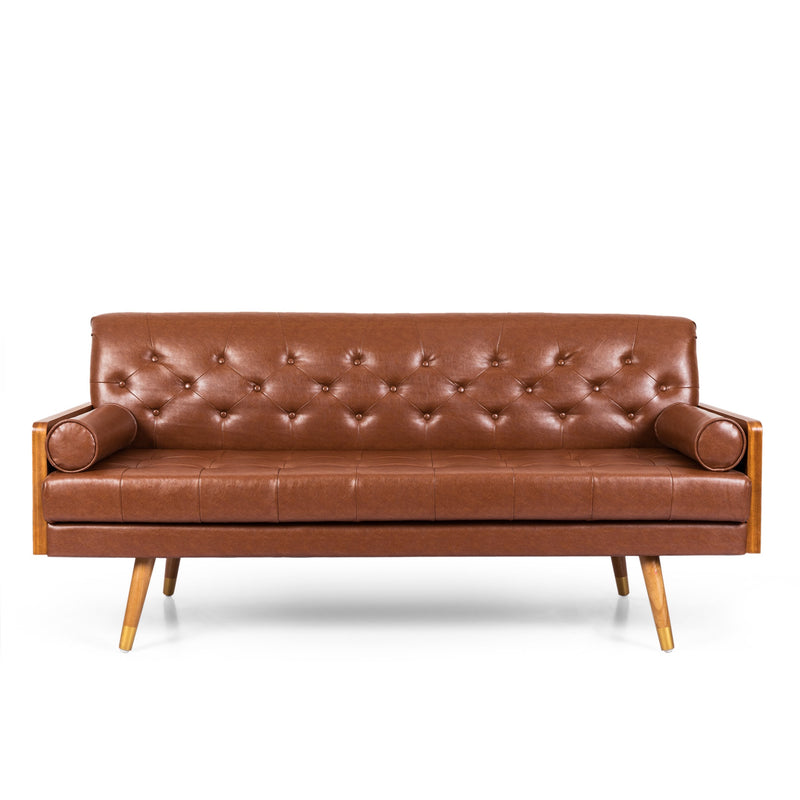 Mid-Century Modern Tufted Sofa with Rolled Accent Pillows - NH301313