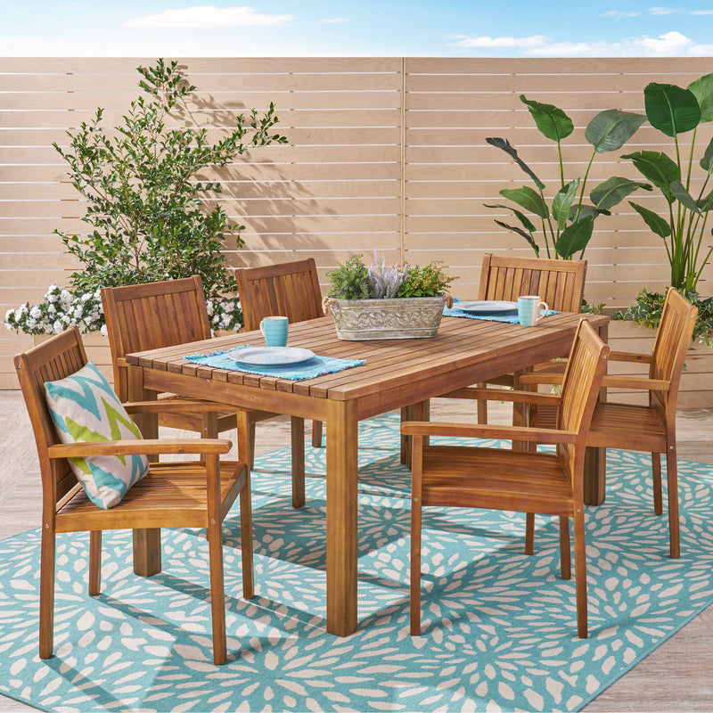 Outdoor 7 Piece Acacia Dining Set, Teak Finish - NH434503