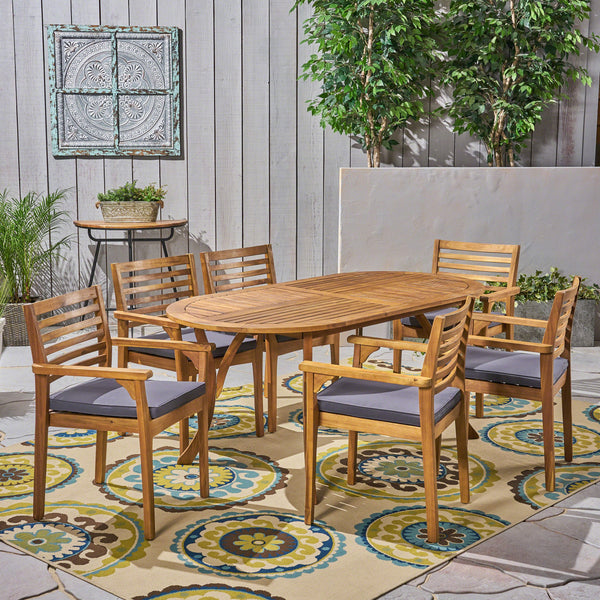 Outdoor Acacia 6-Seater Dining Set with Cushions and 70" Oval Table with Carved Legs - NH142703