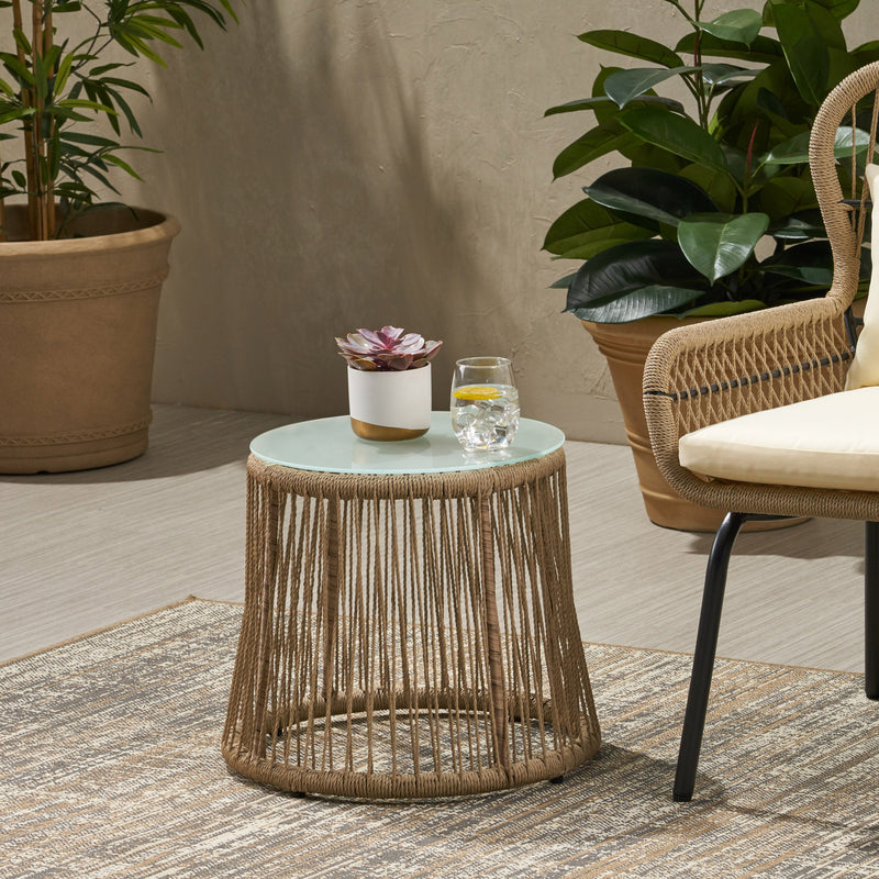 Outdoor Side Table, Steel and Rope, Tempered Glass Table Top, Boho - NH015703