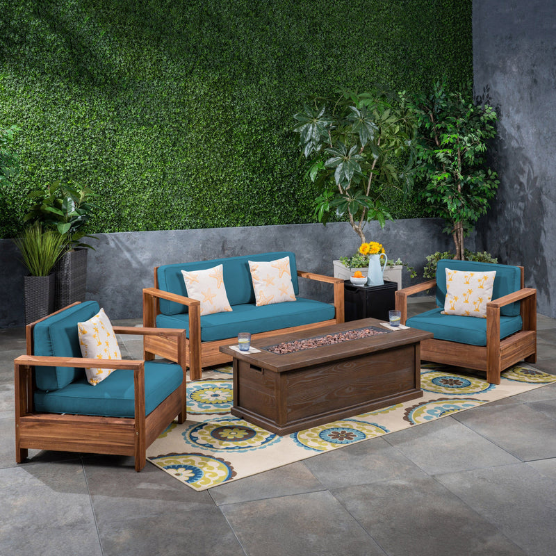 Outdoor 4-Seater Acacia Wood Chat Set with Fire Pit and Tank Holder - NH893603