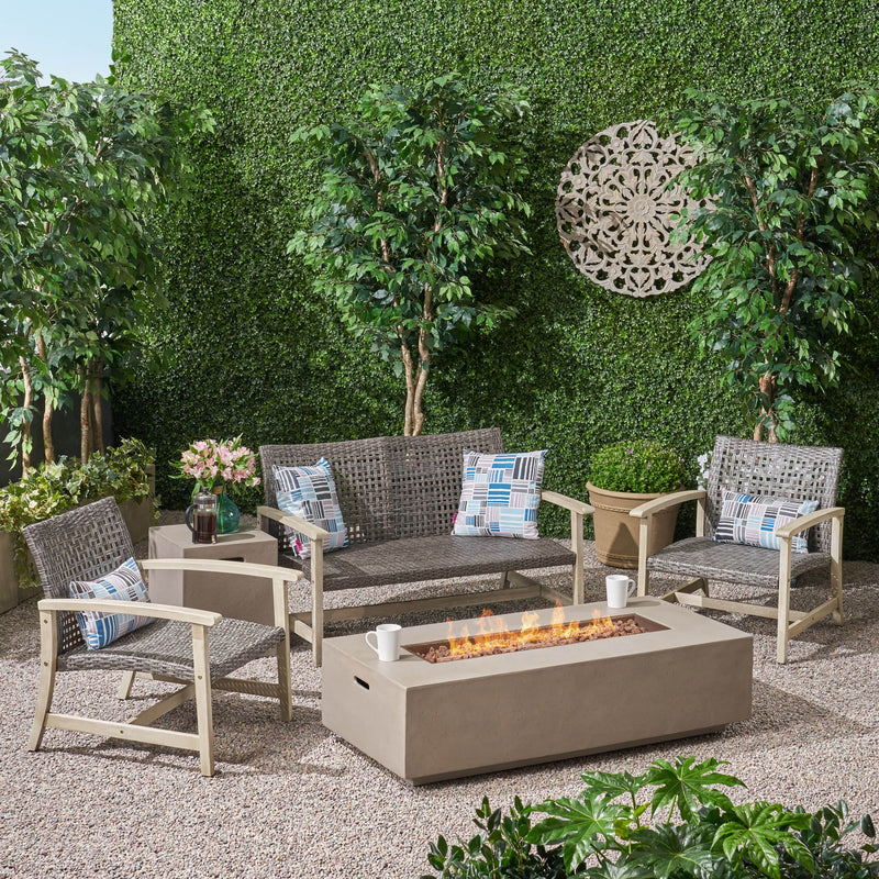 Outdoor 5 Piece Wood and Wicker Chat Set with Fire Pit - NH361803