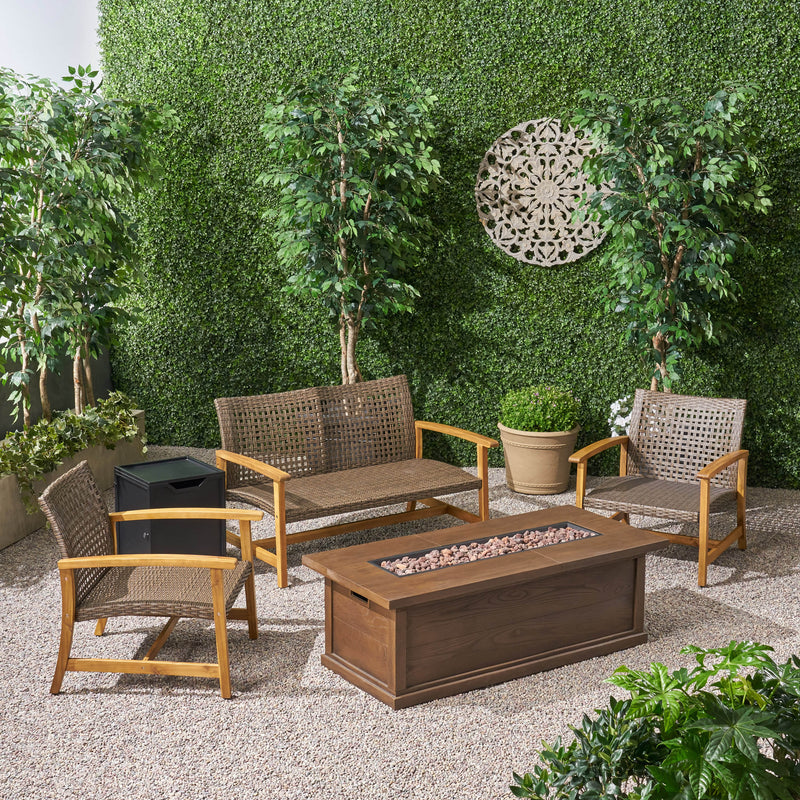 Outdoor 5 Piece Wood and Wicker Chat Set with Fire Pit - NH951803