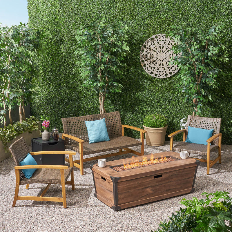 Outdoor 3 Piece Wood and Wicker Chat Set with Fire Pit - NH518703