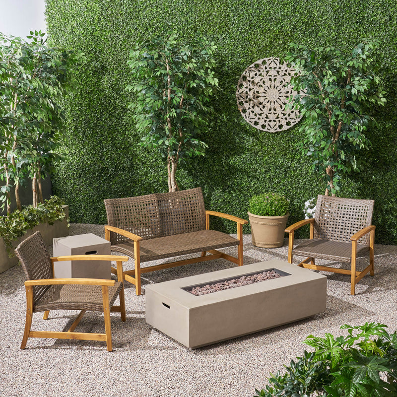 Outdoor 5 Piece Wood and Wicker Chat Set with Fire Pit - NH261803