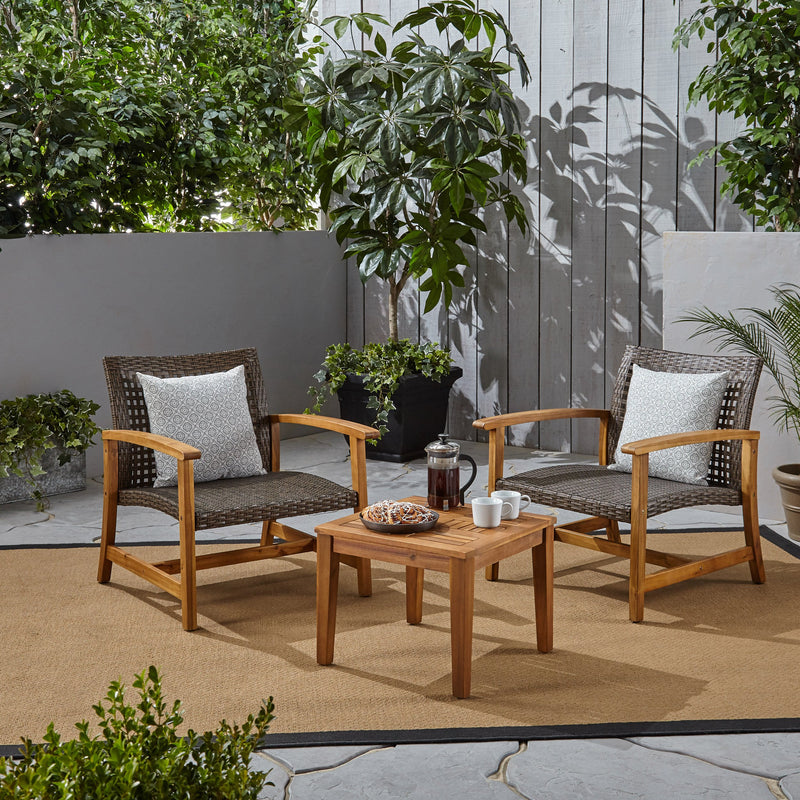 Outdoor 3 Piece Wood and Wicker Club Chairs and Side Table Set - NH541803