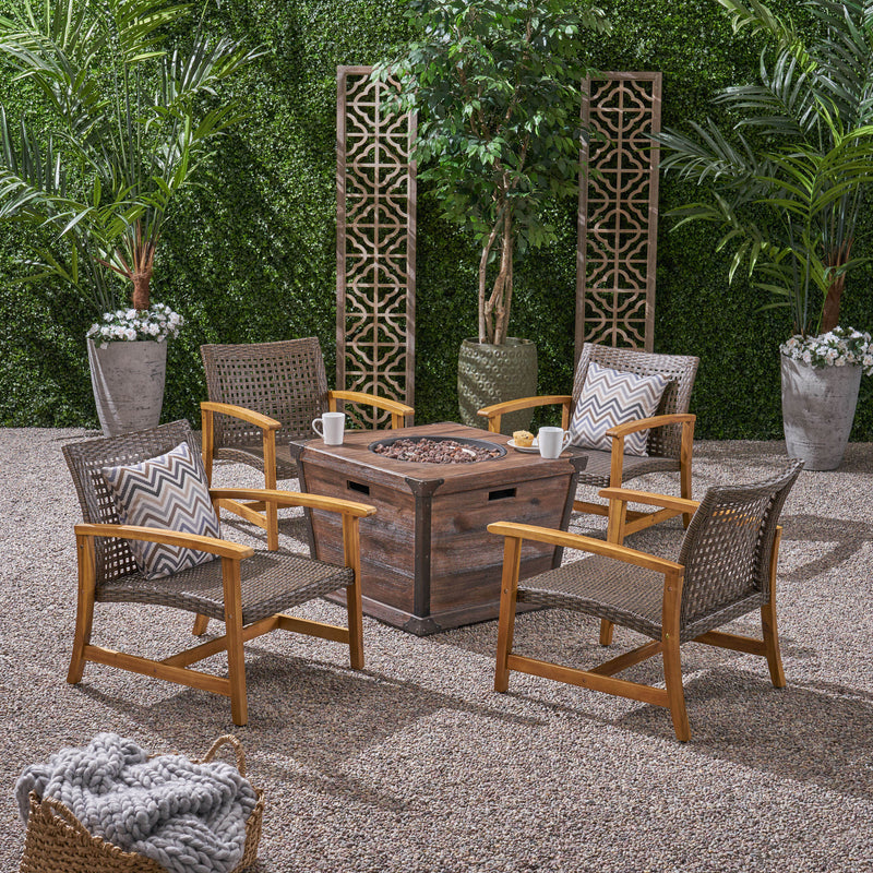 Outdoor 4 Piece Wood and Wicker Club Chair Set with Fire Pit - NH818703