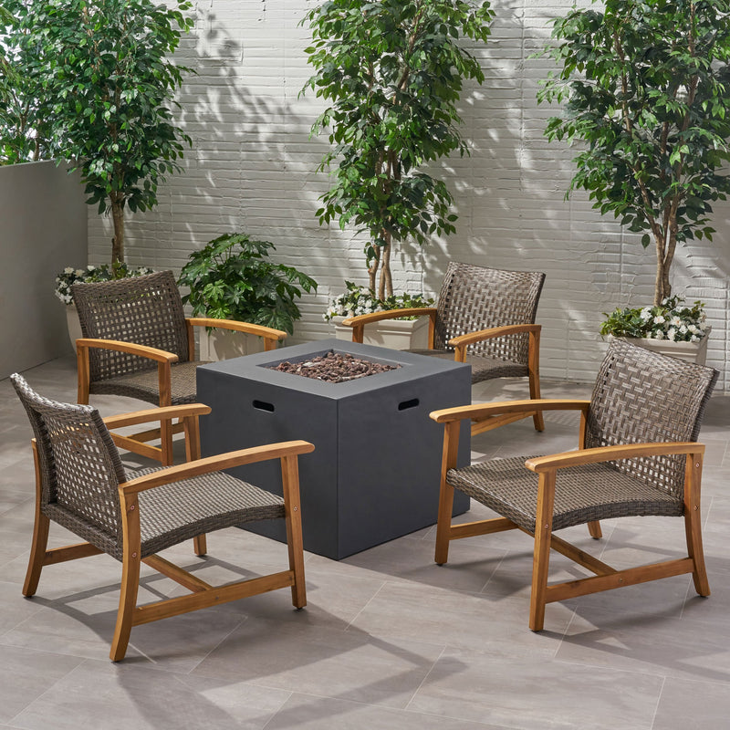 Outdoor 5 Piece Wood and Wicker Club Chairs and Fire Pit Set - NH841803