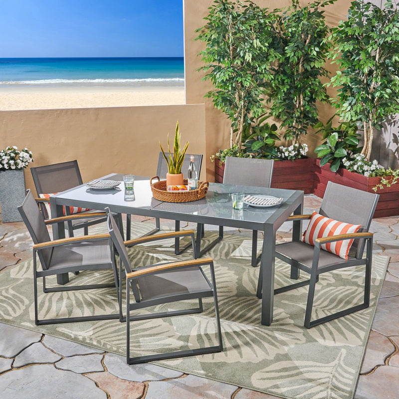 Outdoor 7-Piece Aluminum Dining Set with Glass Table Top - NH386503
