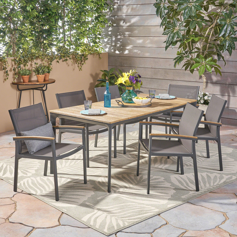 Outdoor 7 Piece Aluminum and Mesh Dining Set with Wood Top - NH791503
