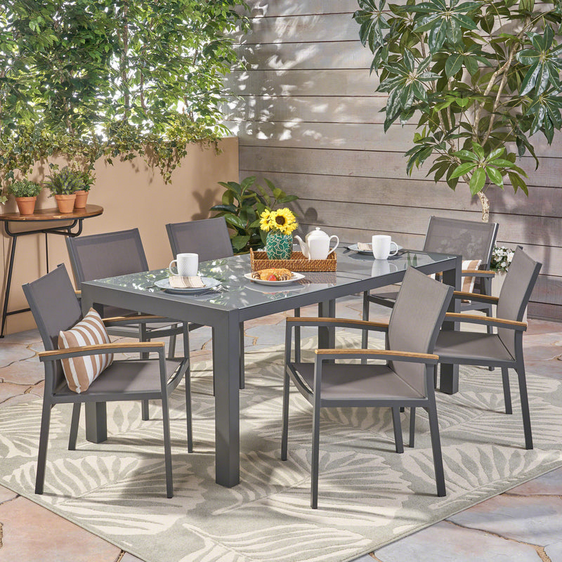 Outdoor Aluminum and Mesh 7 Piece Dining Set with Glass Table Top - NH586503